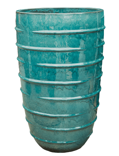 Ribbed blue ceramic office plant pot