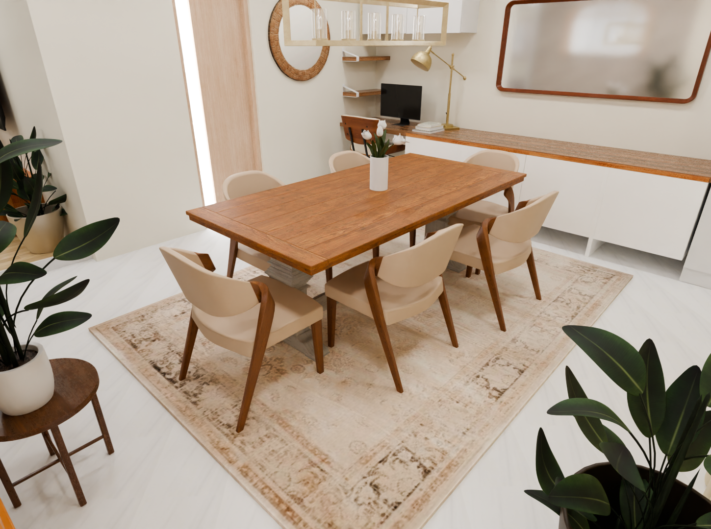 transformation salon , salle a manger, bureau télétravail, miroir organic, table en bois _ personnes, chaise confortable, verriere cuisine semi ouverte