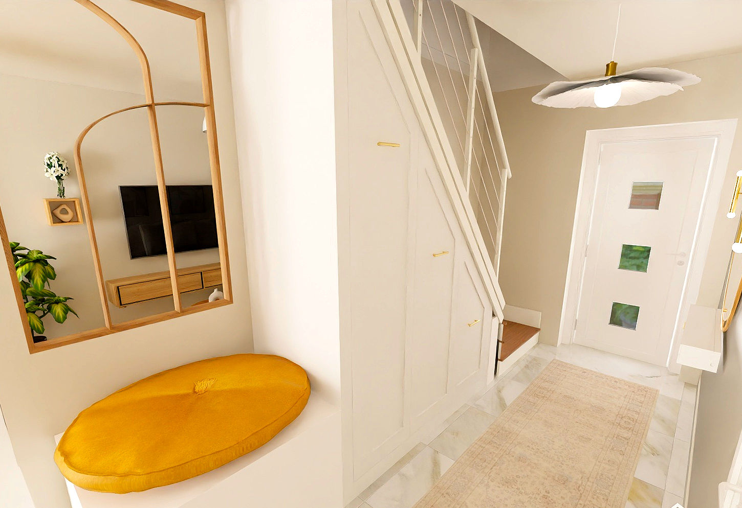 entrée, couloir, moulure, beige, lin, laiton, miroir, luminaire, verrière, assise, rangement, optimisation sous escalier, qocon