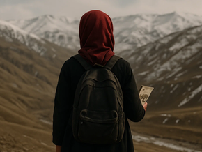 A 16-year-old Afghan girl with a backpack holds a Dari literature textbook while looking at the dry, snow-covered mountains of Ghor province. Generated by AI – Maryam Naiby / Zan TV