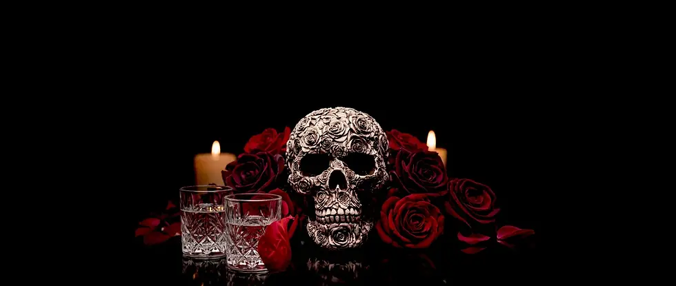 banner día de muertos en Los Cabos con calavera decorativa y shots de tequila