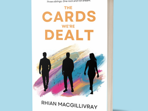 Book cover with three black silhouettes on a colorful background. Text: "The Cards We're Dealt" by Rhian MacGillivray. Musical notes visible.