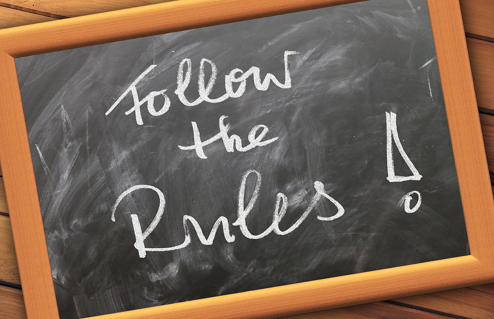 Chalkboard with chalk text Follow the Rules in a wooden frame, with smudges and a strict classroom feel.