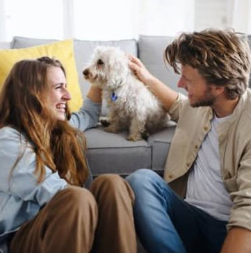 Couple enjoying a conversation with their pet present following a couples session at Forward Focus Counseling Center.