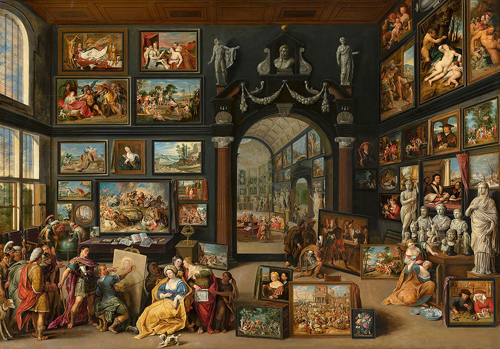 Willem van Haecht, Apelles Painting Campaspe (c. 1630), Mauritshuis. The Del Piombo portrait appears in miniature on the back wall. Image courtesy Mauritshuis.