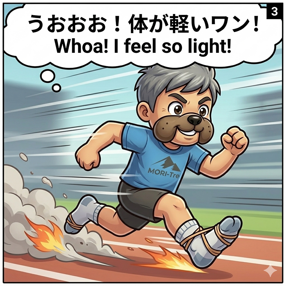 輪ゴムを装着したMORIDOGが、陸上トラックを猛スピードで激走しているシーン。足元からは炎と煙が上がり、スピード感あふれる効果線が描かれている。「うおおお!体が軽いワン!」と全力で走る様子。