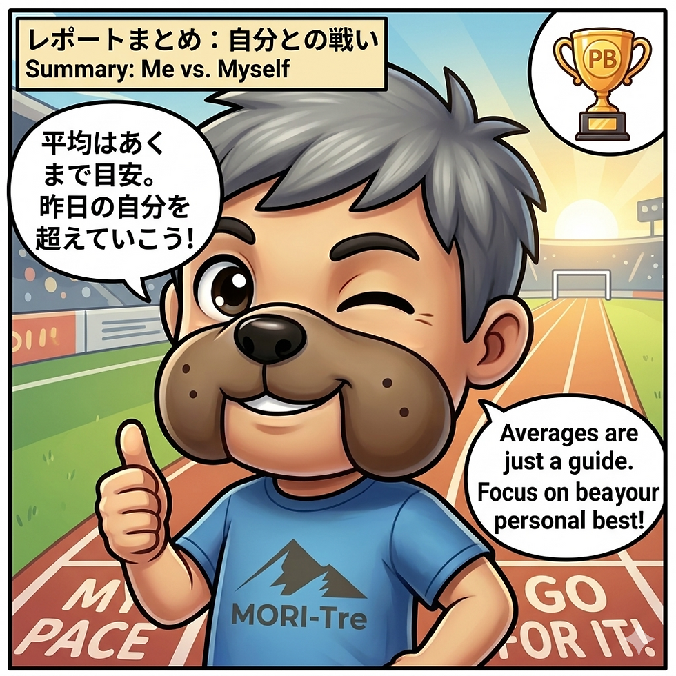 夕焼けのスタジアムで、自己ベスト更新のトロフィーと共にMORIDOGが親指を立てているイラスト。「平均はあくまで目安。昨日の自分を超えていこう!」という熱いメッセージ。