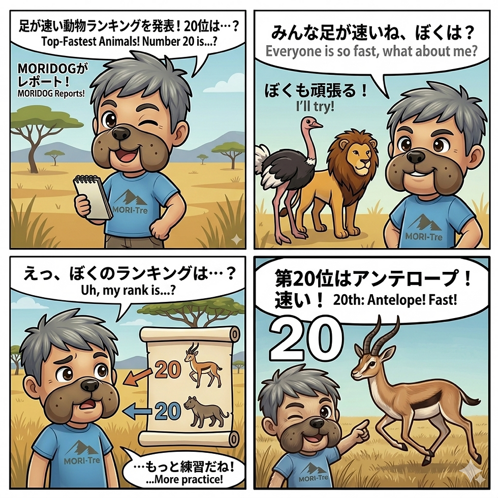 • 1コマ目(左上): サバンナでMORIDOGがウィンクし、ノートとペンを持ってポーズ。和英テキストで「足が速い動物ランキングを発表!20位は…?」、「MORIDOGがレポート!」。 • 2コマ目(右上): MORIDOGがダチョウとライオンを見て感心し、「みんな足が速いね、ぼくは?」、「ぼくも頑張る!」と和英テキスト。 • 3コマ目(左下): MORIDOGが古い巻物を見て驚いている。巻物にはアンテロープと自身の20位のランキングが。和英テキストで「えっ、ぼくのランキングは…?」、「…もっと練習だね!」。 • 4コマ目(右下): MORIDOGがウィンクし、走るアンテロープを指差す。和英テキストで「第20位はアンテロープ!速い!」。