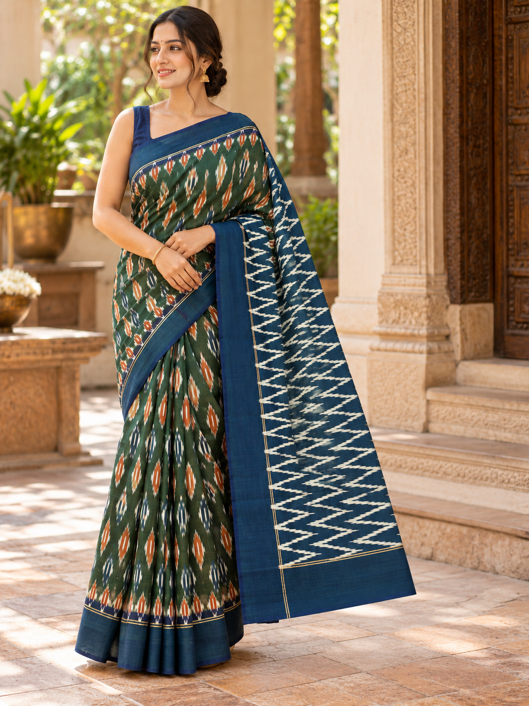 Green and Navy Blue Pochampally Ikat Saree