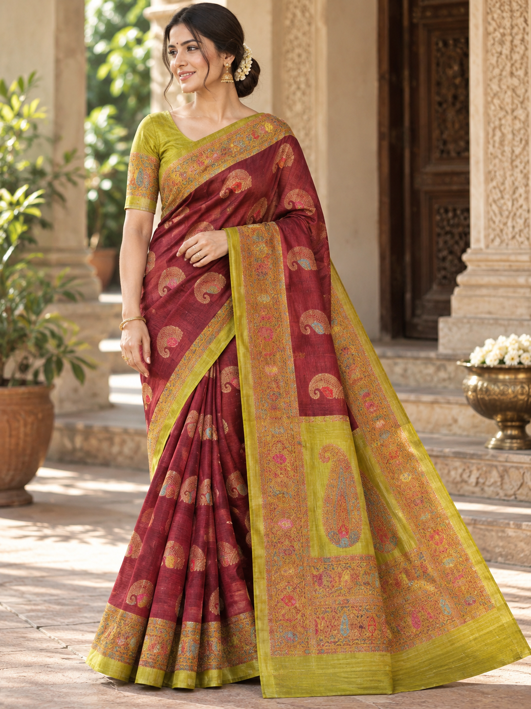 Wine Maroon Muga Tussar Silk Saree with Lime Green Pallu