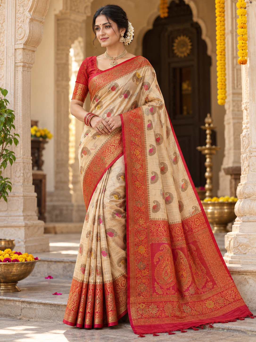 Beige Muga Tussar Saree with Red and Gold Traditional Border