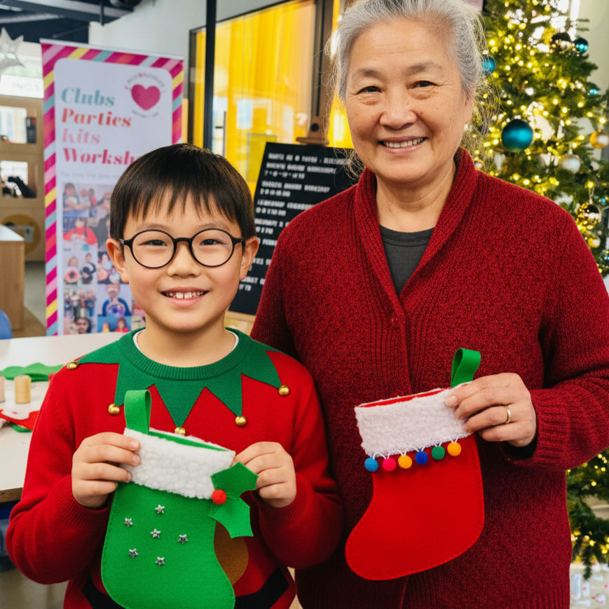 Firefly_Gemini Flash_asian boy wearing glasses and a christmas elf jumper, smiling holding