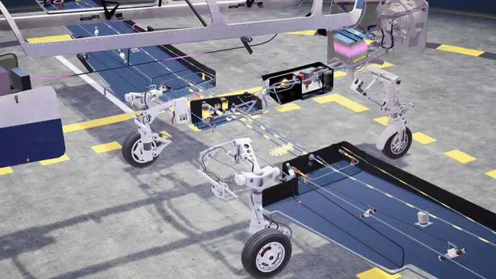 The hydraulic system of a plane is shown with most of the surrounding structure removed.