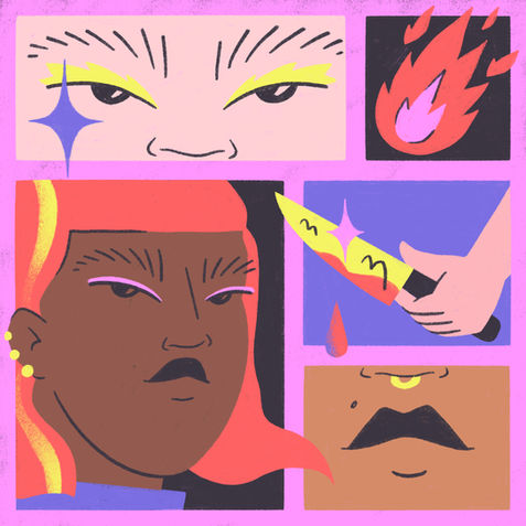 Colorful illustration of women and dangerous objects