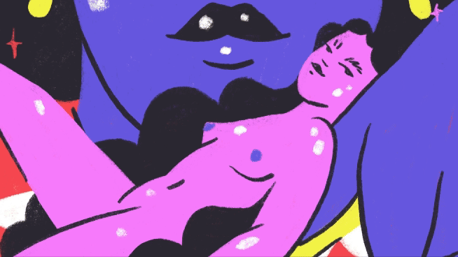 Three colorful animated scenes of women being eaten for lunch