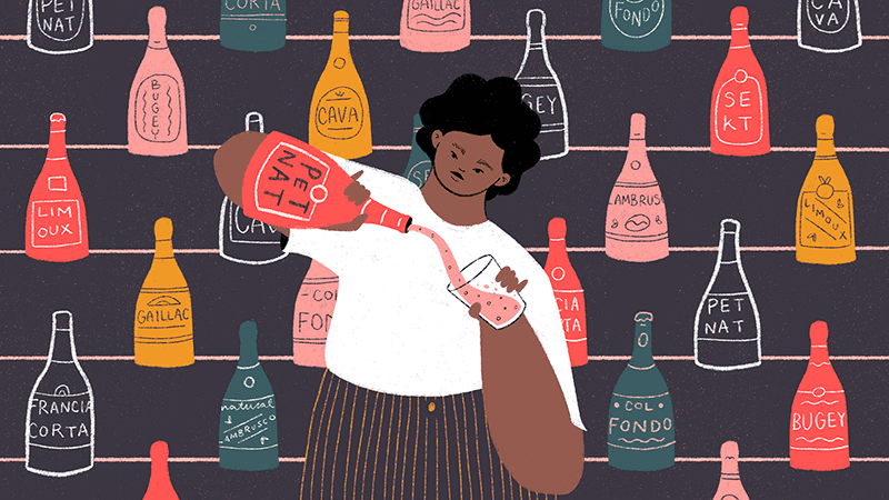 various digital illustrations showing characters drinking and serving wine for a series of Punch articles on sparkling wine