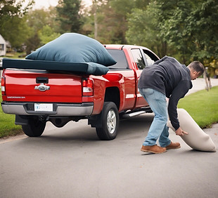 man picking up couch and putting it in p
