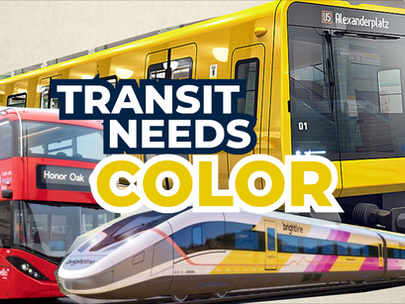 A collage of a bright yellow train, a bright red bus, and a multicolored yellow and pink high speed rail train proposed in Las Vegas for brightline rail.
