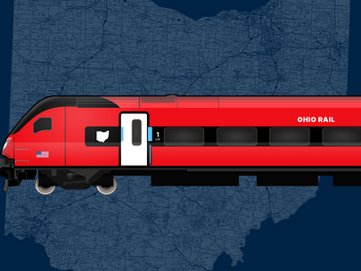 A red train that says Ohio Rail on the side with a faded map of Ohio rail routes in the background.