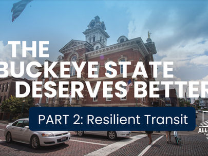 Athens Ohio courthouse building with two cars driving on street. Features on overlaying title that says "The Buckeye State Deserves Better - Part 1: Resilient Transit and an All Aboard Ohio logo