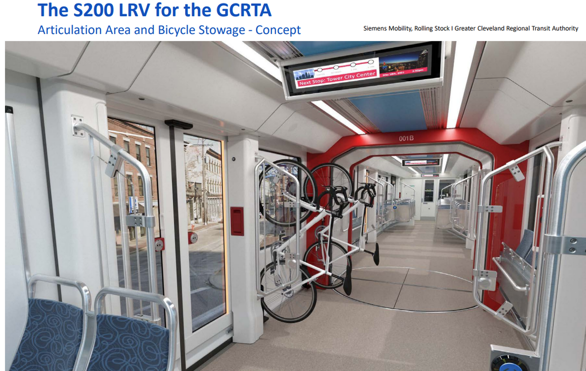 Interior of GCRTA concept vehicle including bike storage area and articulating section