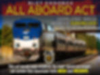 Blue Amtrak train on track under a title, endorsed by BLET. Text: "All Aboard Act, $200 billion for passenger rail." Bold and supportive formatting.