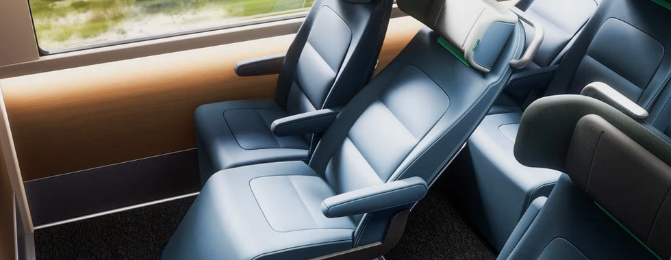 Amtrak's long distance fleet proposal rendering of reclined seating with foot rest and wrap around head rest- Amtrak