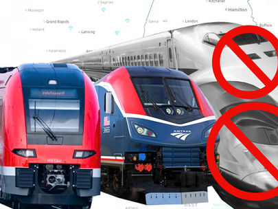 A series of trains with two traditional US modern trains in color and two high speed trains with X's over them.