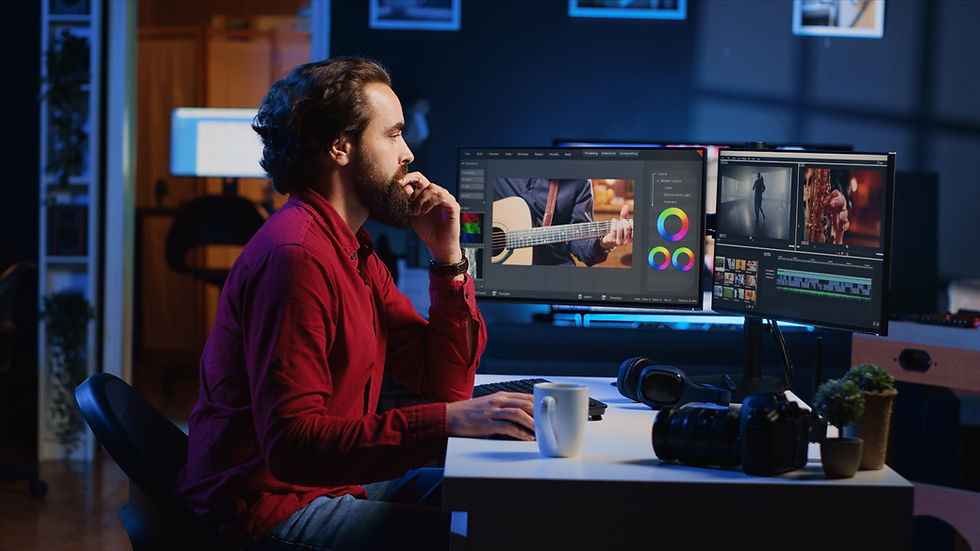 Man editing a video on a PC using professional video editing software at Chhaap Kala.