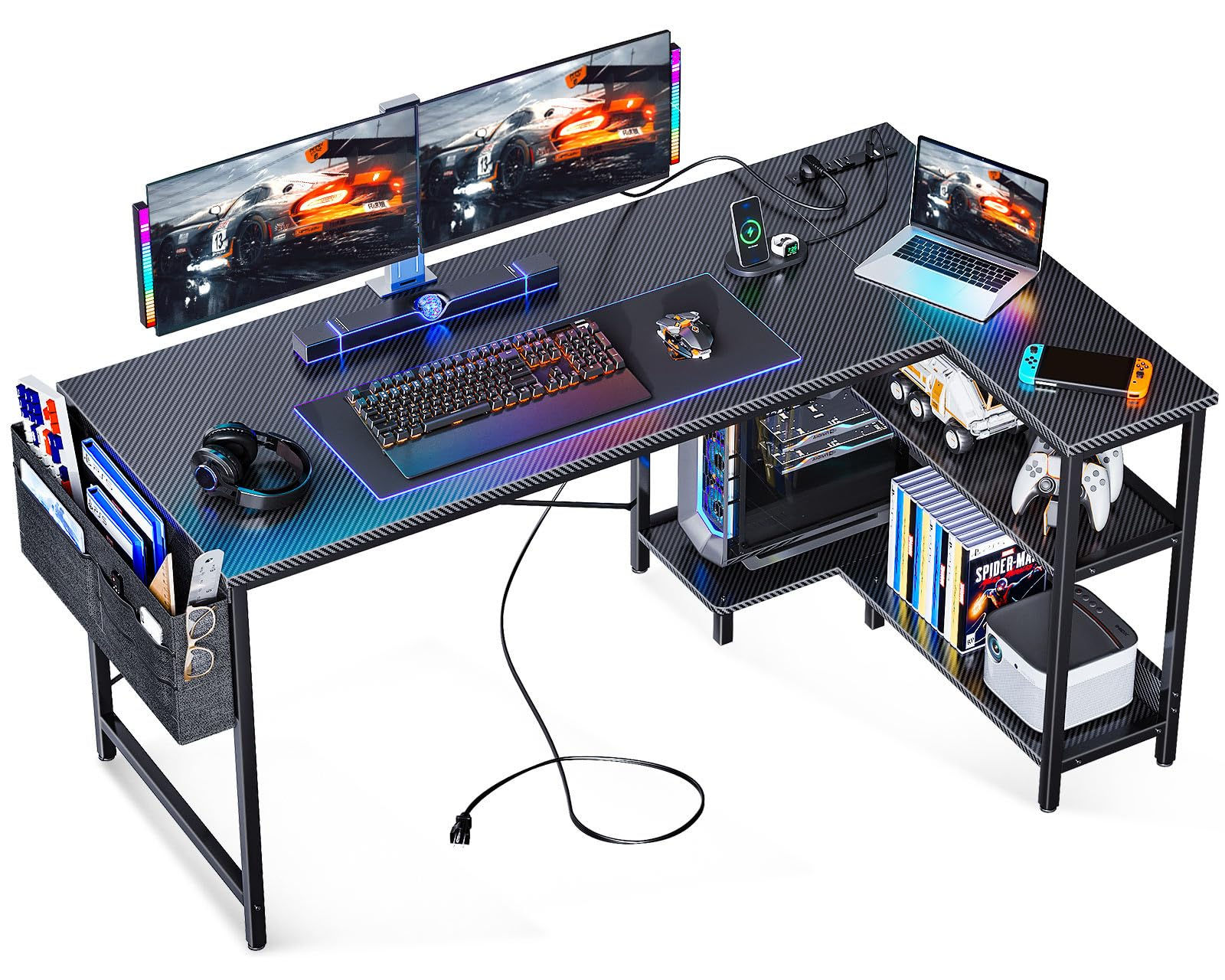 ODK 55 Inch L Shaped Gaming Computer Desk with Power Outlets Corner Desk with Re