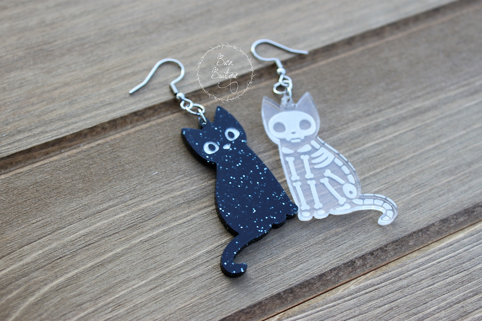 Thumbnail: Acrylic Black Cat Skeleton Earrings