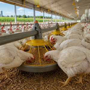 Canadian broiler chickens eating feed in a modern poultry barn