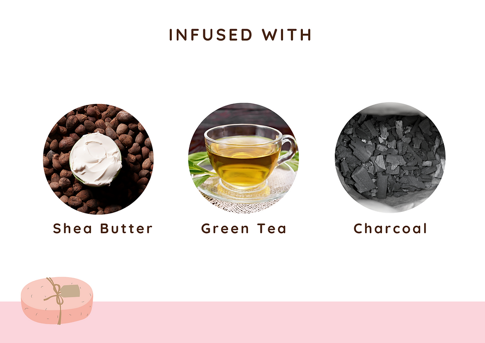 Miniaturbild: Image highlighting key ingredients of she butter cream , green tea infused in a cup and activated charcoal