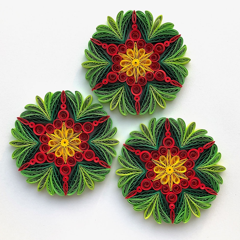 green christmas ornament yellow red hanging snowflake paper quilling art