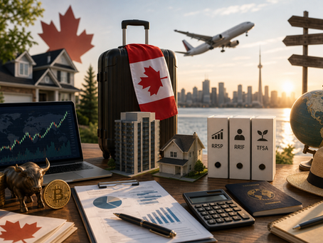 Valise avec drapeau canadien, avion au décollage et documents financiers illustrant l’impôt de départ du Canada en 2026.