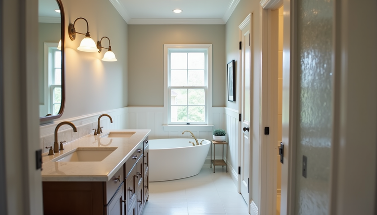 High angle view of a renovated bathroom with new lighting and fixtures in a Raleigh home
