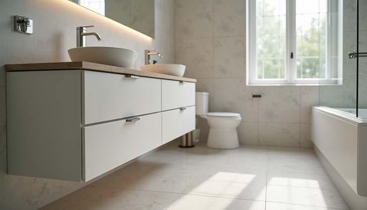 Close-up view of bathroom tile and vanity installation in progress in a Triangle area home