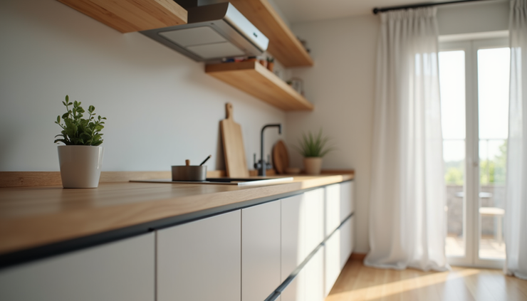 Close-up view of new kitchen cabinets and countertop installation in a home in Cary, NC