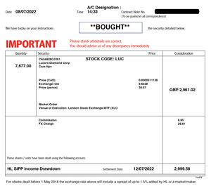 JIC Portfolio trade - Added to Lucara Diamond