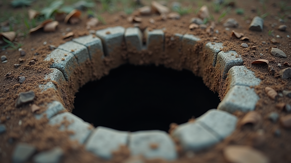 Close-up view of a septic tank inspection opening