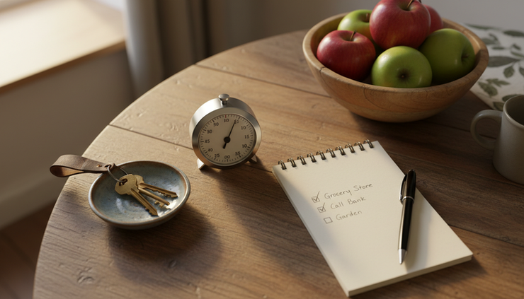 Overhead view of a simple kitchen table with a timer, keys, notebook, and bowl of fruit