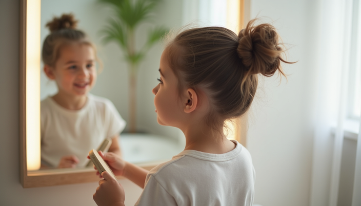 Eye-level view of a young person learning to style hair with a mirror and grooming tools