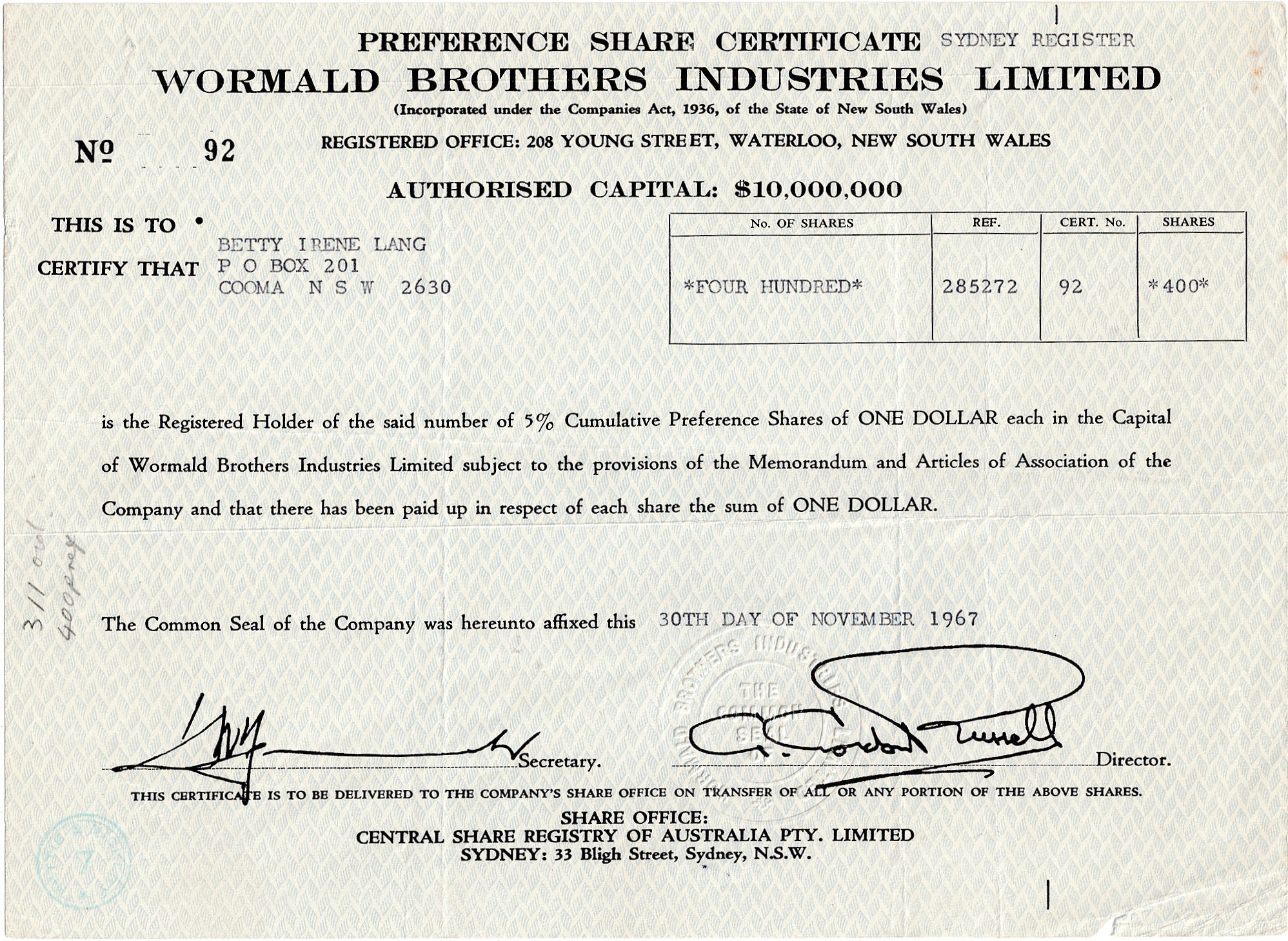 WORMALD BROTHERS INDUSTRIES LIMITED