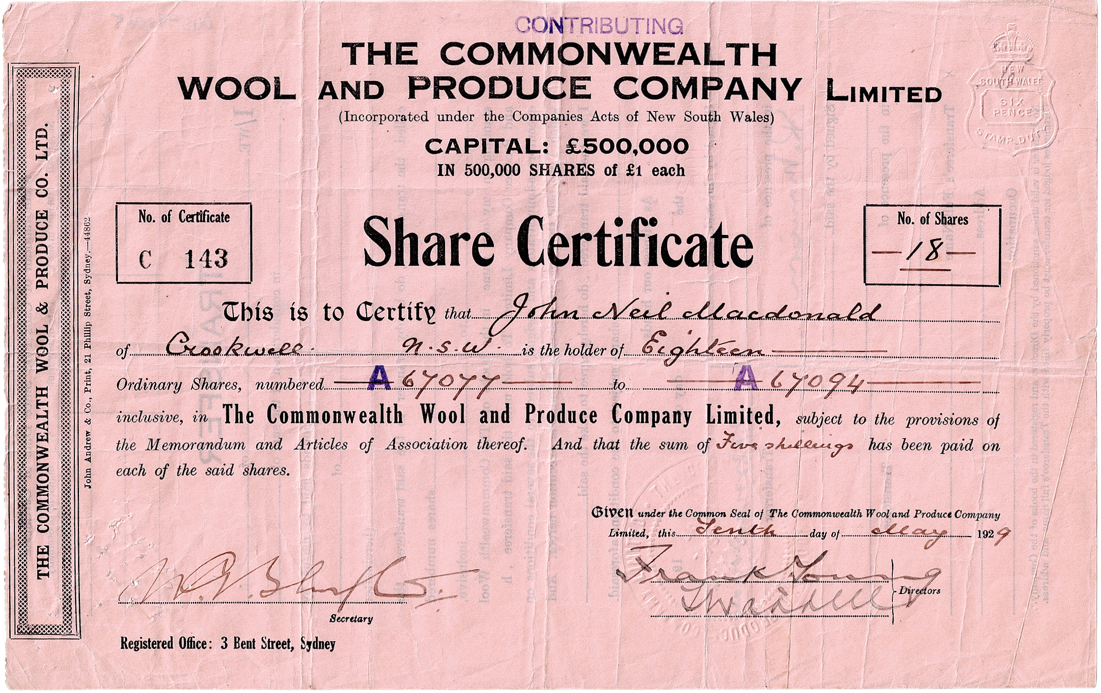 THE COMMONWEALTH WOOL AND PRODUCE COMPANY LIMITED
