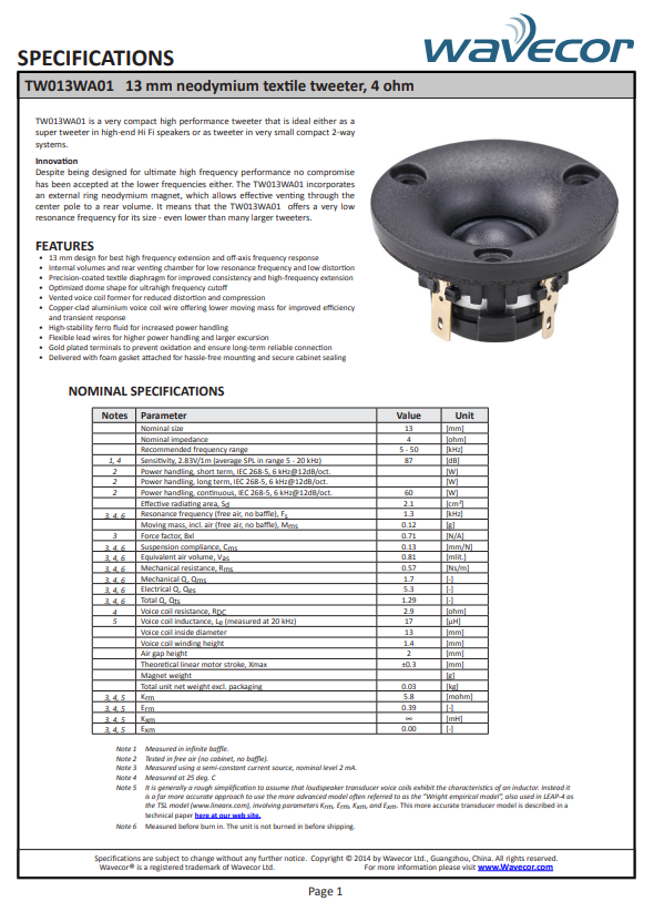 Thumbnail: Wavecor TW013WA01 13mm Textile Dome Neodymium Tweeter with Rear Chamber