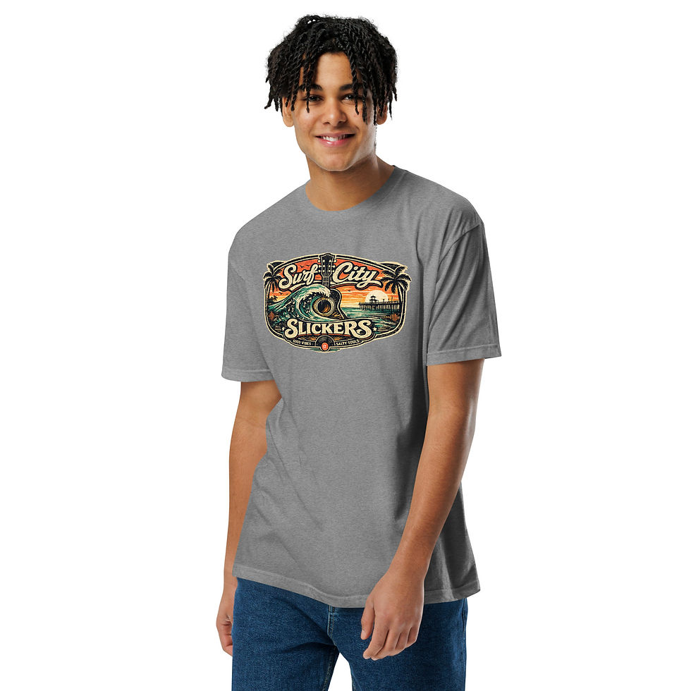 Thumbnail: Surf City Slickers Tee: Vintage Surf Wave Palm Tree Graphic Shirt