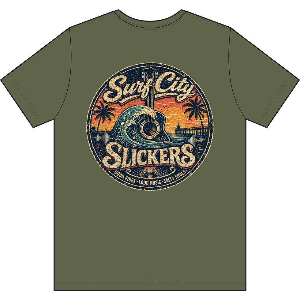 Thumbnail: Surf City Slickers Tee: Vintage Surf Wave Palm Tree Graphic Shirt