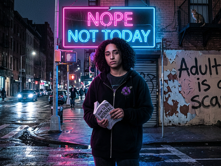 A person stands on a dimly lit city street, holding a book titled "How to be Normal." Above them, a neon sign declares "NOPE NOT TODAY," while graffiti on the wall reads "Adulting is a scam." A cat perches on a fire escape, observing the quiet, reflective scene.