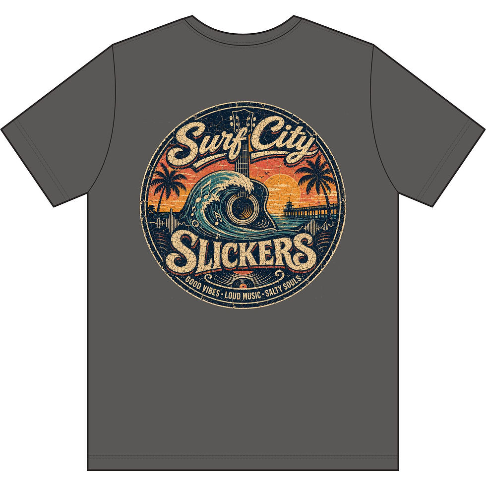 Thumbnail: Surf City Slickers Tee: Vintage Surf Wave Palm Tree Graphic Shirt