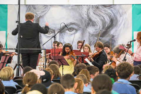 a group of people playing violins in front of a painting of Mozart 